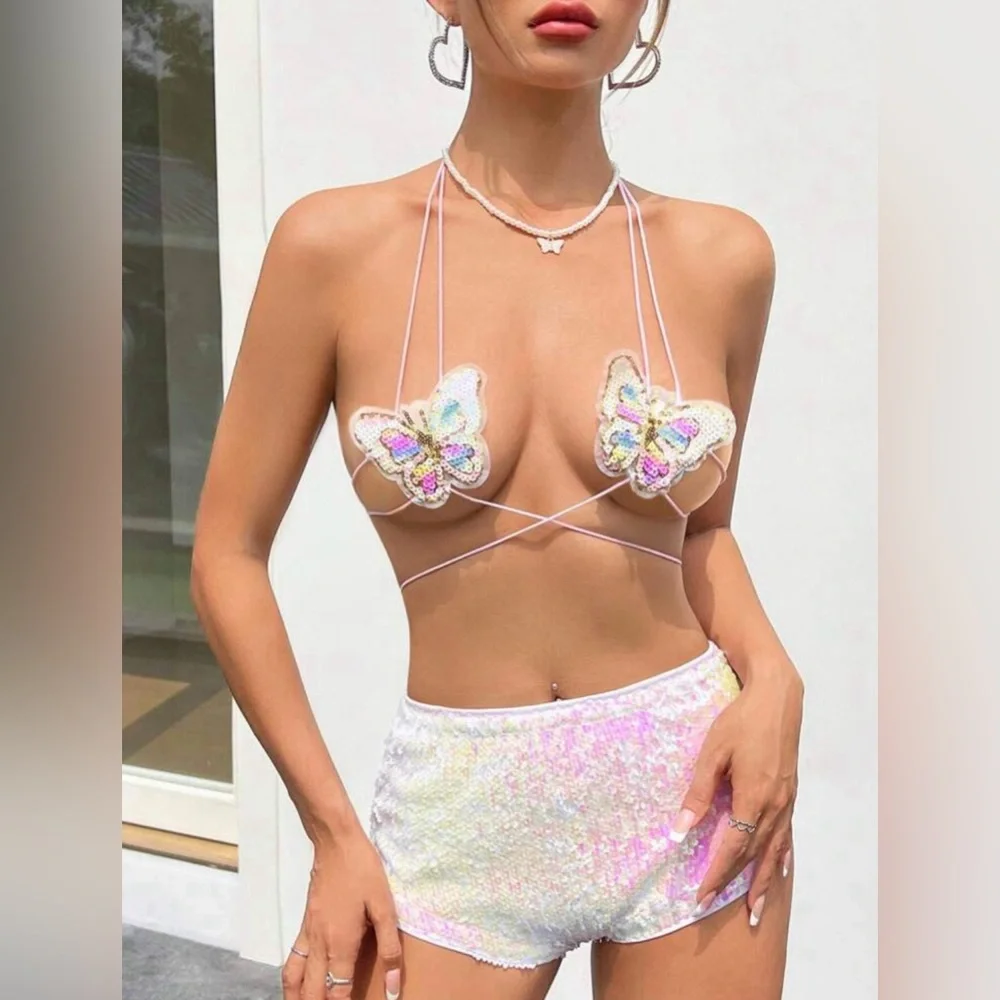 White Holographic Butterfly Top & Sequin Shorts Festival Set